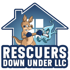 Rescuers Down Under logo (a boxing kangaroo punching an angry water droplet in front of a blue house)